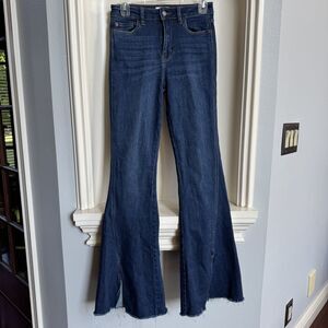 Cello Dark Denim Bell-Bottom Flare Jeans with Raw Hem and Leg Split Size 3